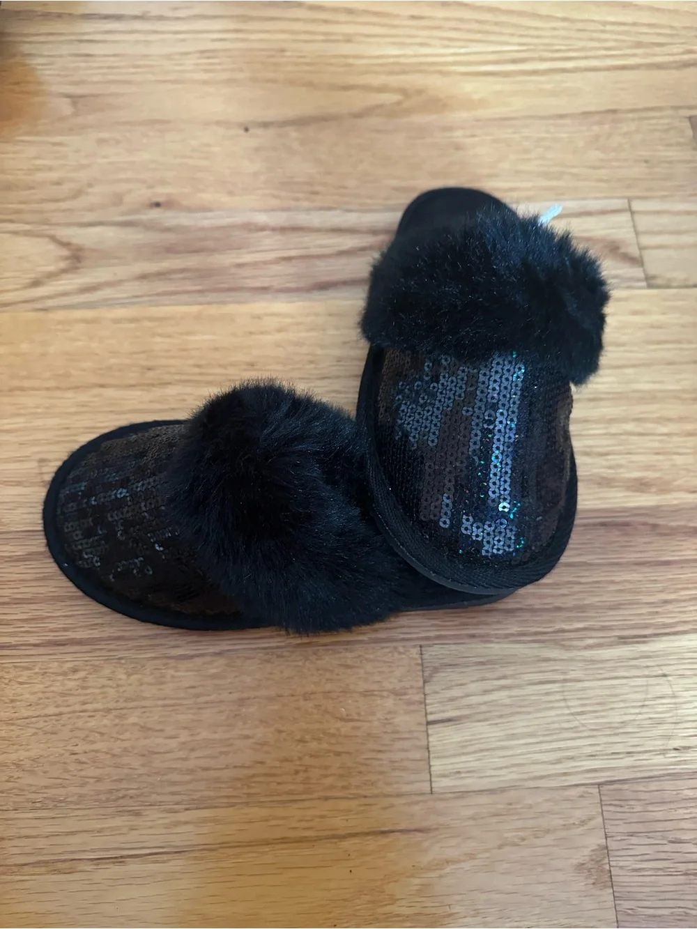 Women's Black Sequin Slide Slippers with Faux Fur Trim